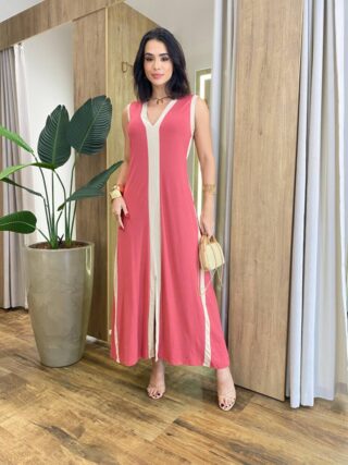 Vestido Longo Eliza Malha sem Bojo Detalhe em Fenda Rose - Fernanda Ramos Store