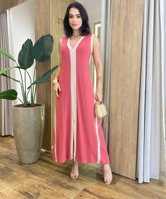 Vestido Longo Eliza Malha sem Bojo Detalhe em Fenda Rose - Fernanda Ramos Store