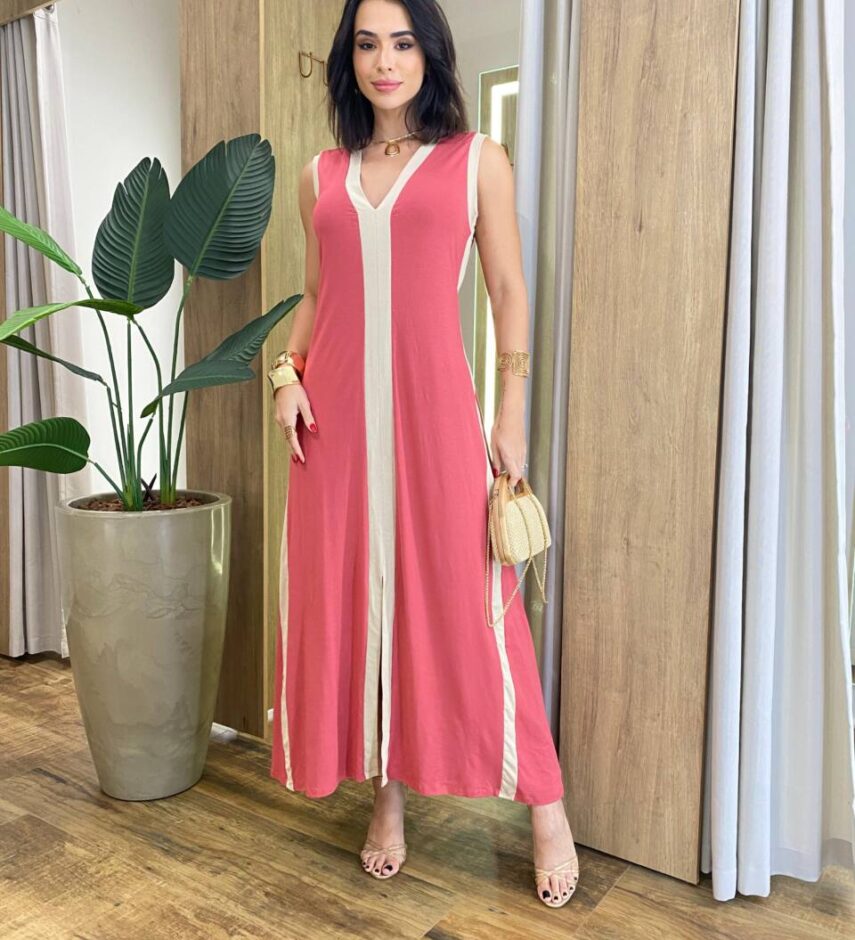 Vestido Longo Eliza Malha sem Bojo Detalhe em Fenda Rose - Fernanda Ramos Store