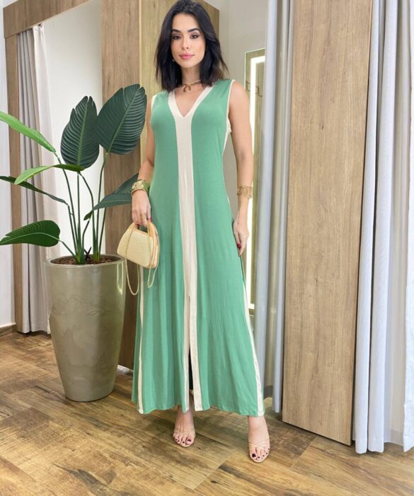 Vestido Longo Eliza Malha sem Bojo Detalhe em Fenda Verde - Fernanda Ramos Store