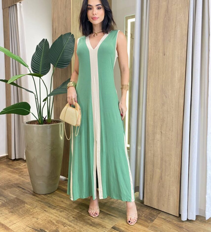 Vestido Longo Eliza Malha sem Bojo Detalhe em Fenda Verde - Fernanda Ramos Store