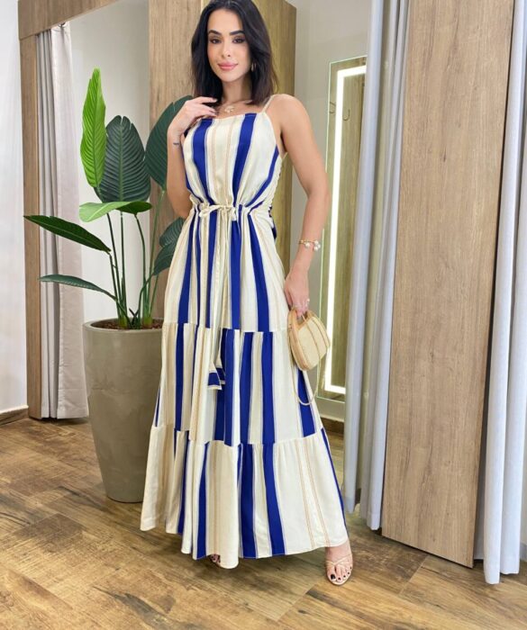 Vestido Longo Ellen sem Bojo Lastex e Detalhe em Listras Azul - Fernanda Ramos Store