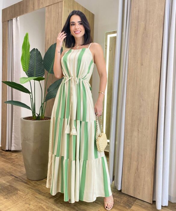 Vestido Longo Ellen sem Bojo Lástex e Detalhe em Listras Verde - Fernanda Ramos Store