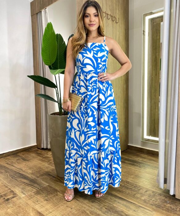 Vestido Longo Helena sem Bojo Alça Regulável Estampado Azul - Fernanda Ramos Store