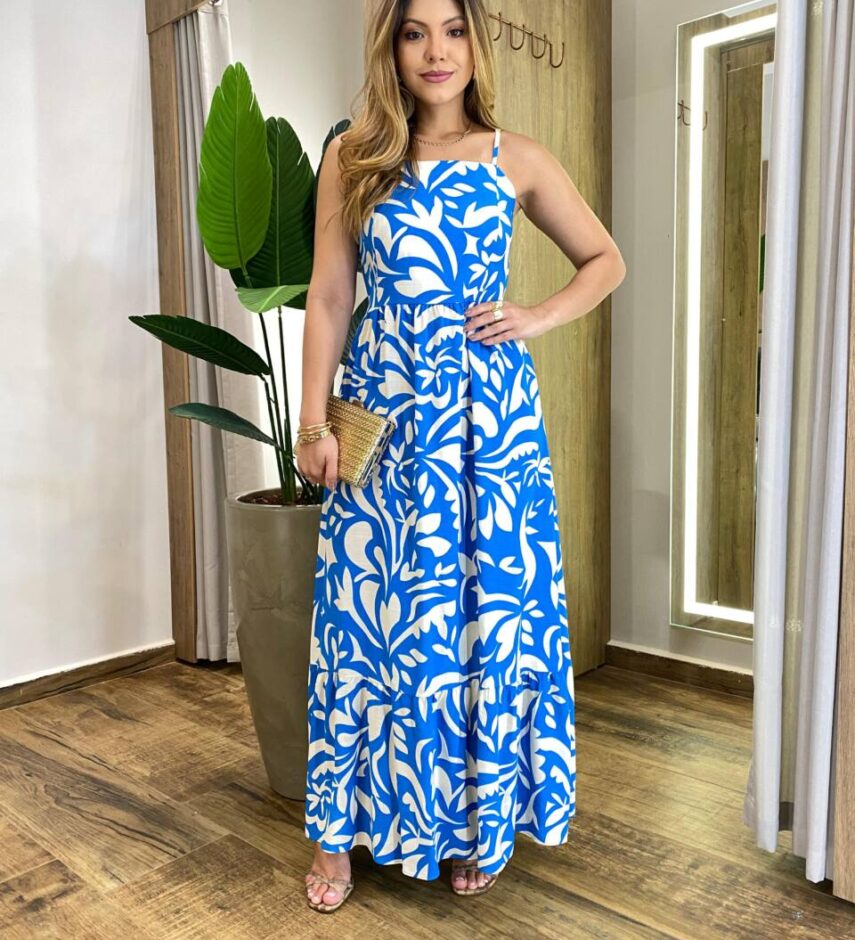 Vestido Longo Helena sem Bojo Alça Regulável Estampado Azul - Fernanda Ramos Store