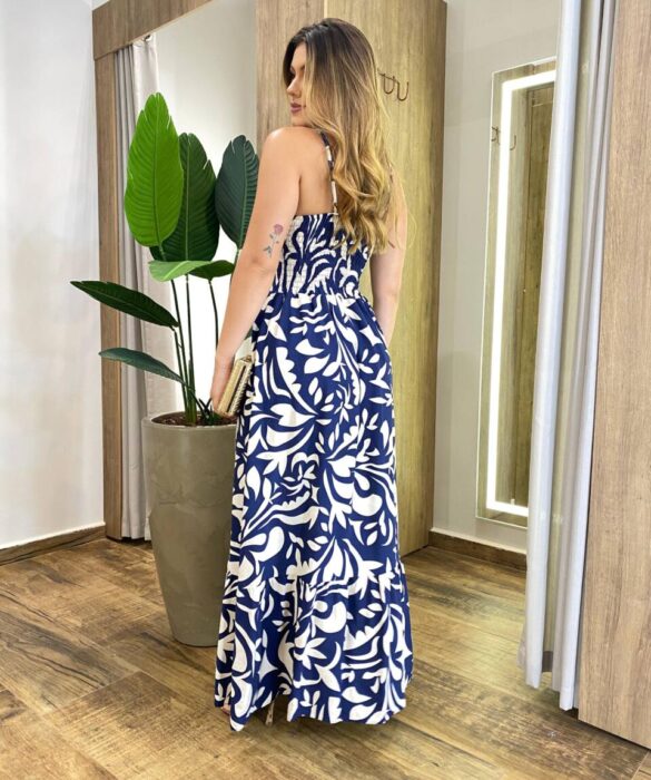 Vestido Longo Helena sem Bojo Alça Regulável Estampado Azul Marinho - Fernanda Ramos Store