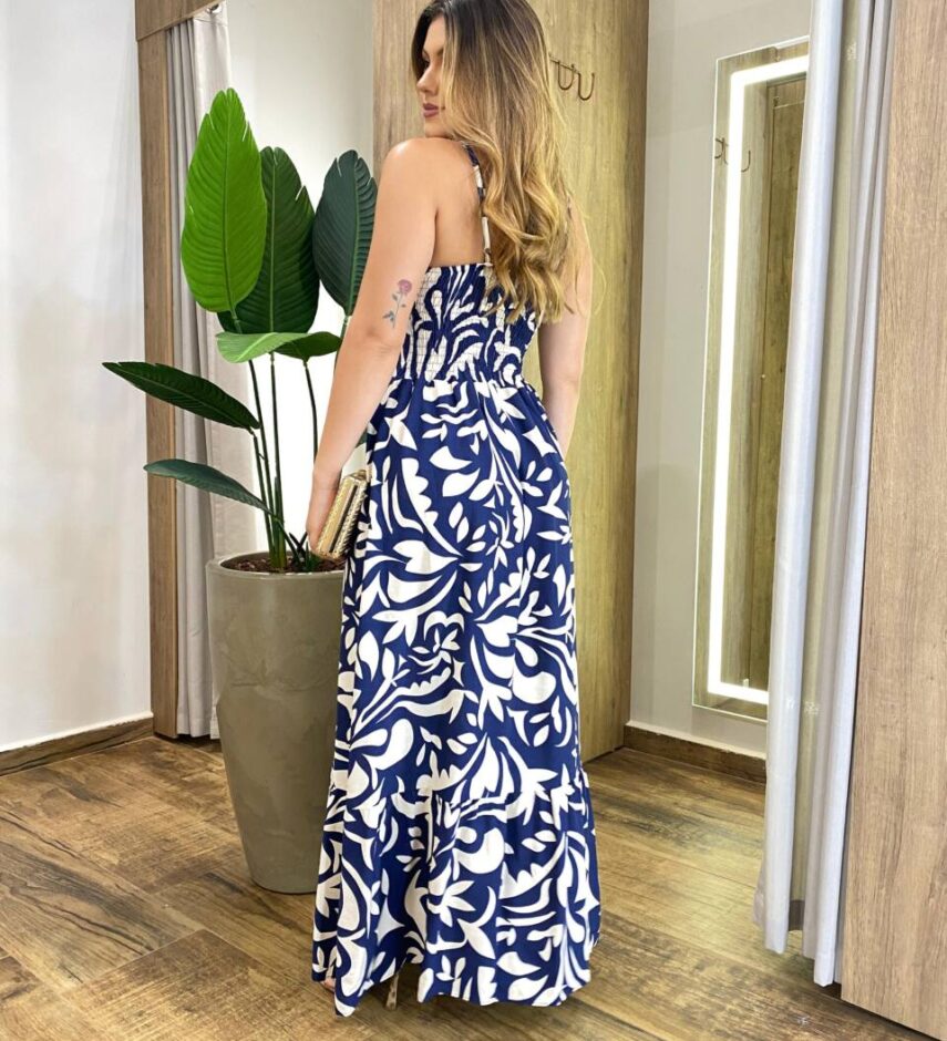 Vestido Longo Helena sem Bojo Alça Regulável Estampado Azul Marinho - Fernanda Ramos Store