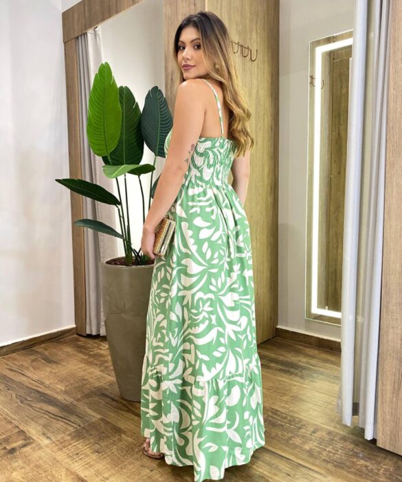 Vestido Longo Helena sem Bojo Alça Regulável Estampado Verde - Fernanda Ramos Store