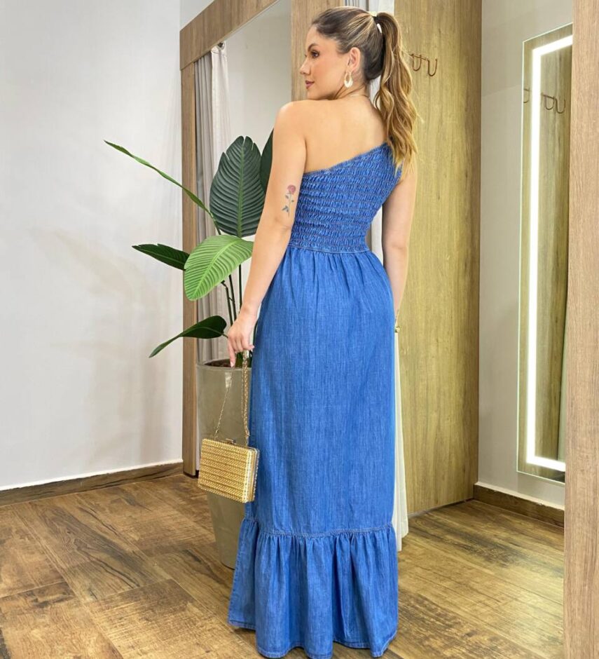 Vestido Longo Jeans Clarice sem Bojo Nula Manga com Lastex - Fernanda Ramos Store