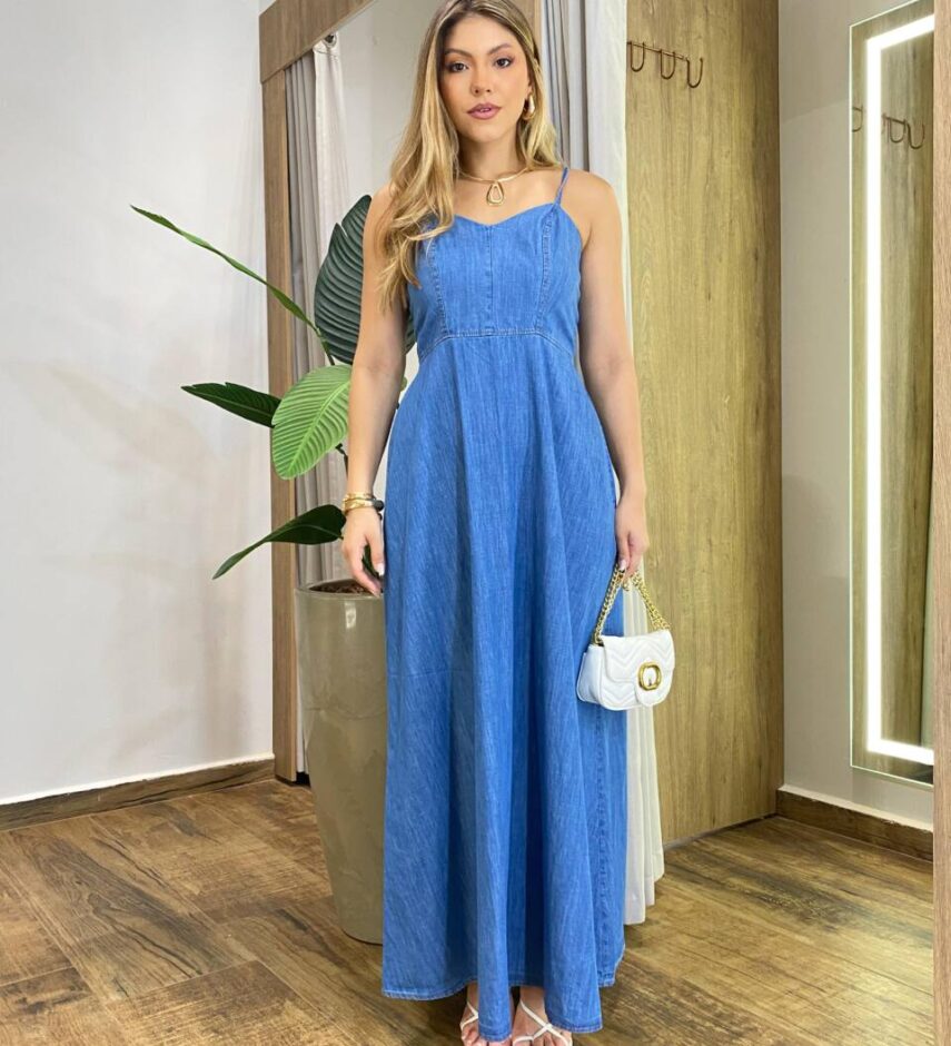 Vestido Longo Jeans Zaya sem Bojo Alça Regulável e Lastex - Fernanda Ramos Store