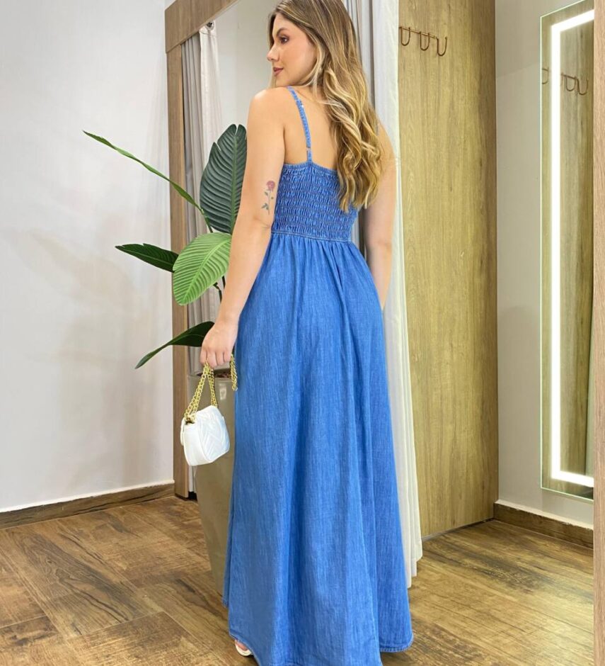 Vestido Longo Jeans Zaya sem Bojo Alça Regulável e Lastex - Fernanda Ramos Store