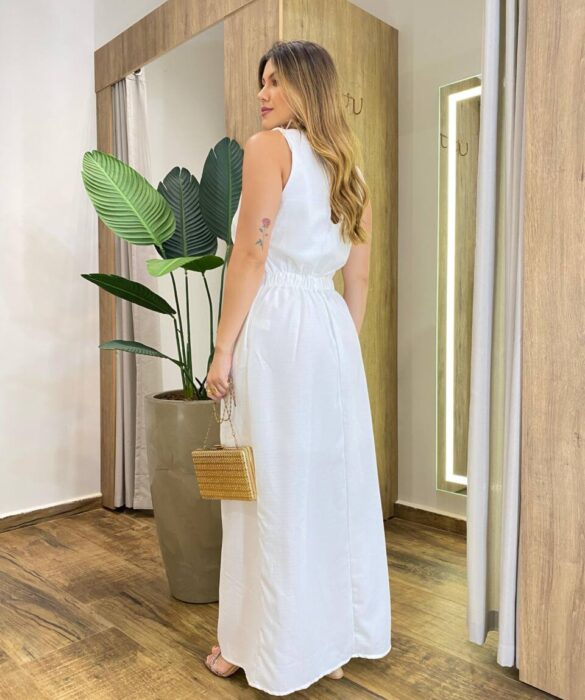 Vestido Longo Kate sem Bojo Detalhe Lateral em Botões Off White - Fernanda Ramos Store