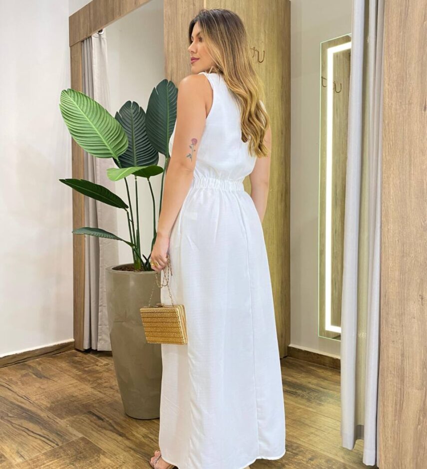 Vestido Longo Kate sem Bojo Detalhe Lateral em Botões Off White - Fernanda Ramos Store