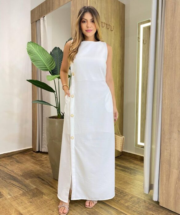 Vestido Longo Kate sem Bojo Detalhe Lateral em Botões Off White - Fernanda Ramos Store