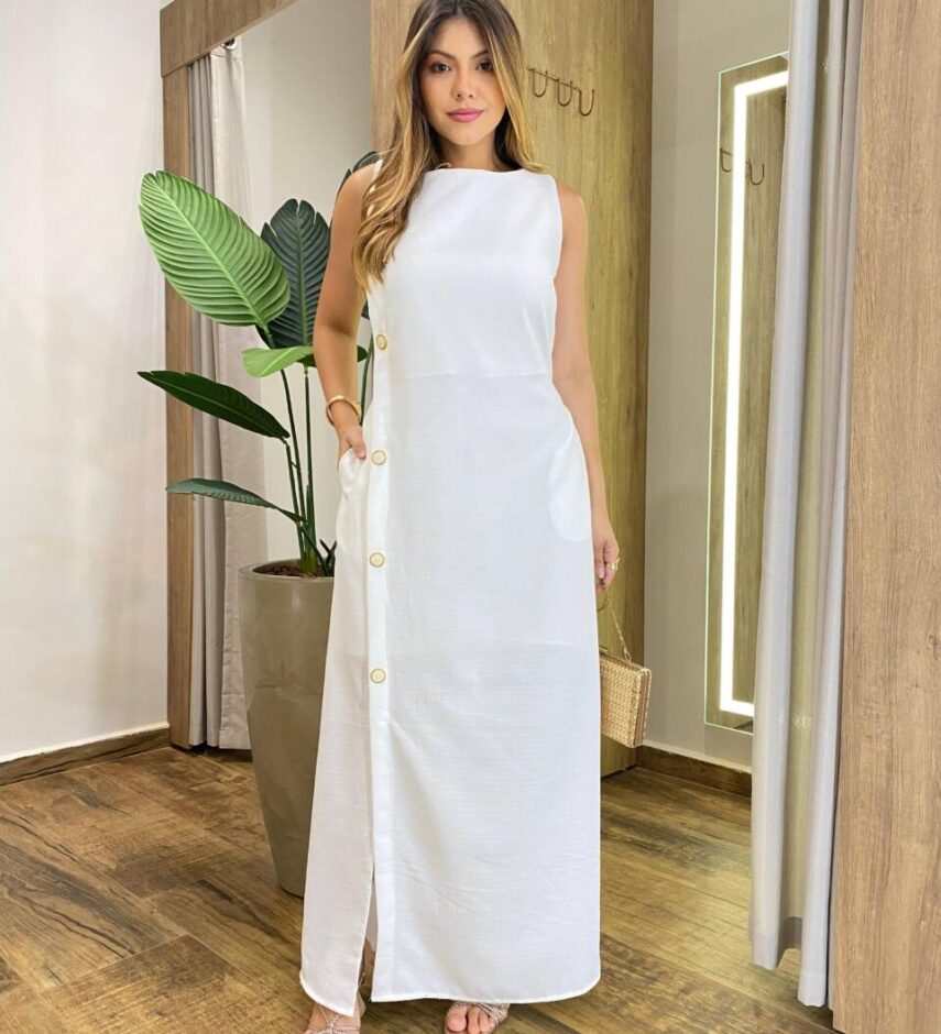 Vestido Longo Kate sem Bojo Detalhe Lateral em Botões Off White - Fernanda Ramos Store