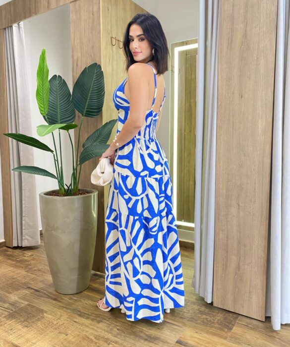 Vestido Longo Laura com Bojo Lastex e Detalhe em Botões Azul - Fernanda Ramos Store