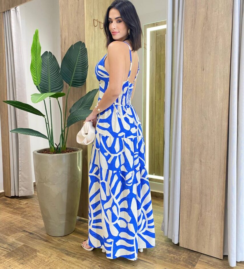 Vestido Longo Laura com Bojo Lastex e Detalhe em Botões Azul - Fernanda Ramos Store