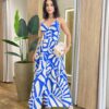 Vestido Longo Laura com Bojo Lastex e Detalhe em Botões Azul - Fernanda Ramos Store