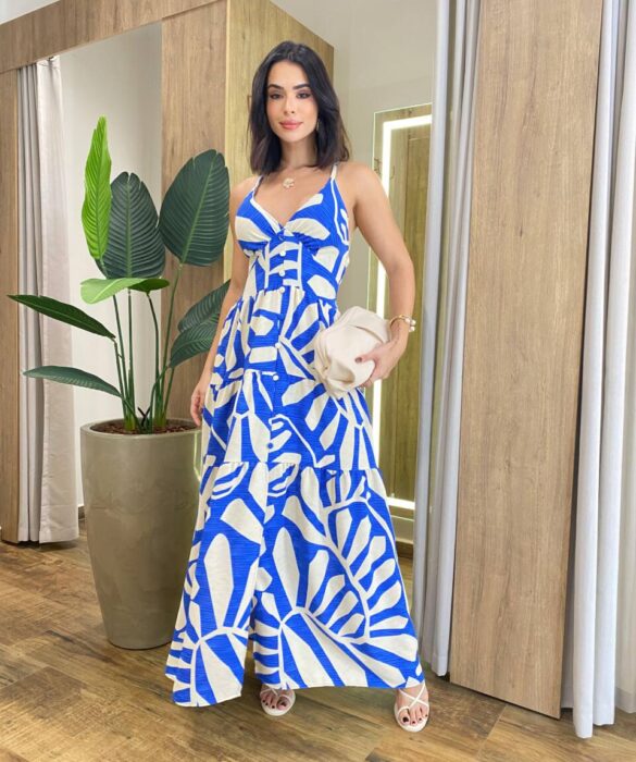 Vestido Longo Laura com Bojo Lastex e Detalhe em Botões Azul - Fernanda Ramos Store