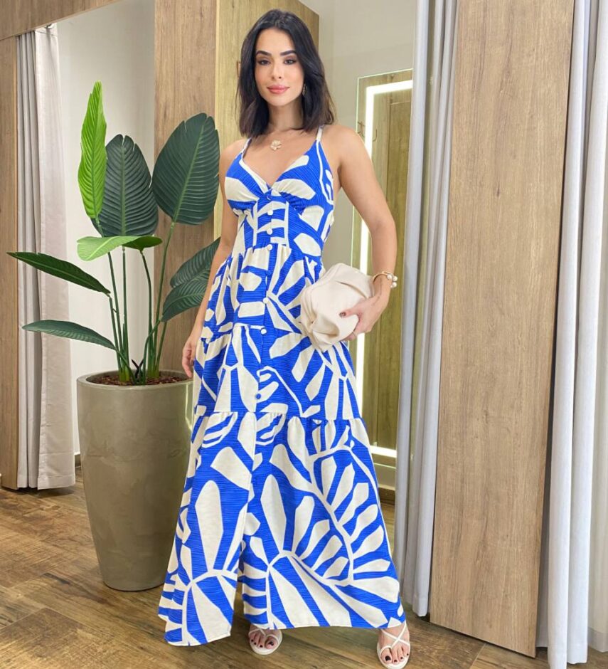 Vestido Longo Laura com Bojo Lastex e Detalhe em Botões Azul - Fernanda Ramos Store