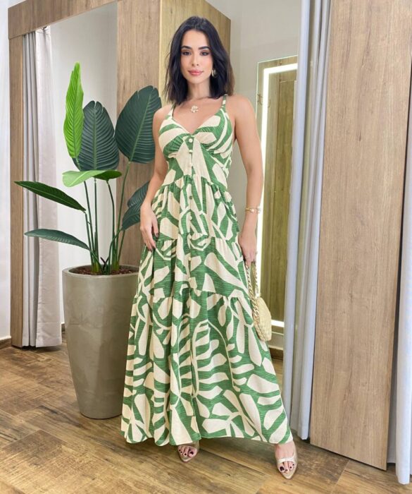 Vestido Longo Laura com Bojo Lastex e Detalhe em Botões Verde - Fernanda Ramos Store