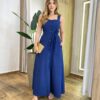 Vestido Longo Luisa com Bojo Detalhe em Botões e Amarração Azul Marinho - Fernanda Ramos Store