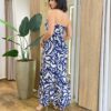 Vestido Longo Mali sem Bojo Amarração no Pescoço Estampado Azul - Fernanda Ramos Store