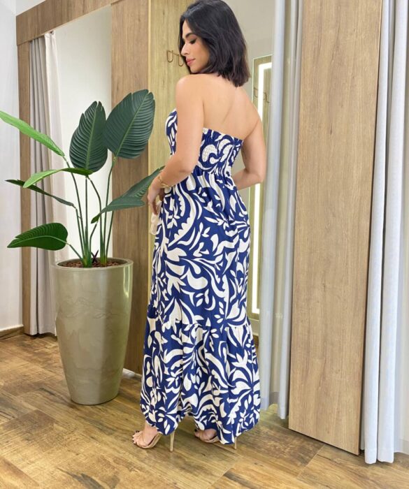 Vestido Longo Mali sem Bojo Amarração no Pescoço Estampado Azul - Fernanda Ramos Store