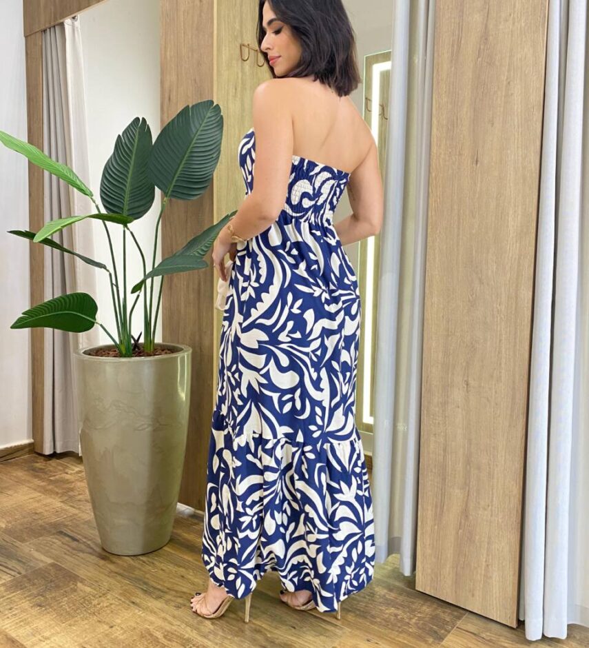 Vestido Longo Mali sem Bojo Amarração no Pescoço Estampado Azul - Fernanda Ramos Store
