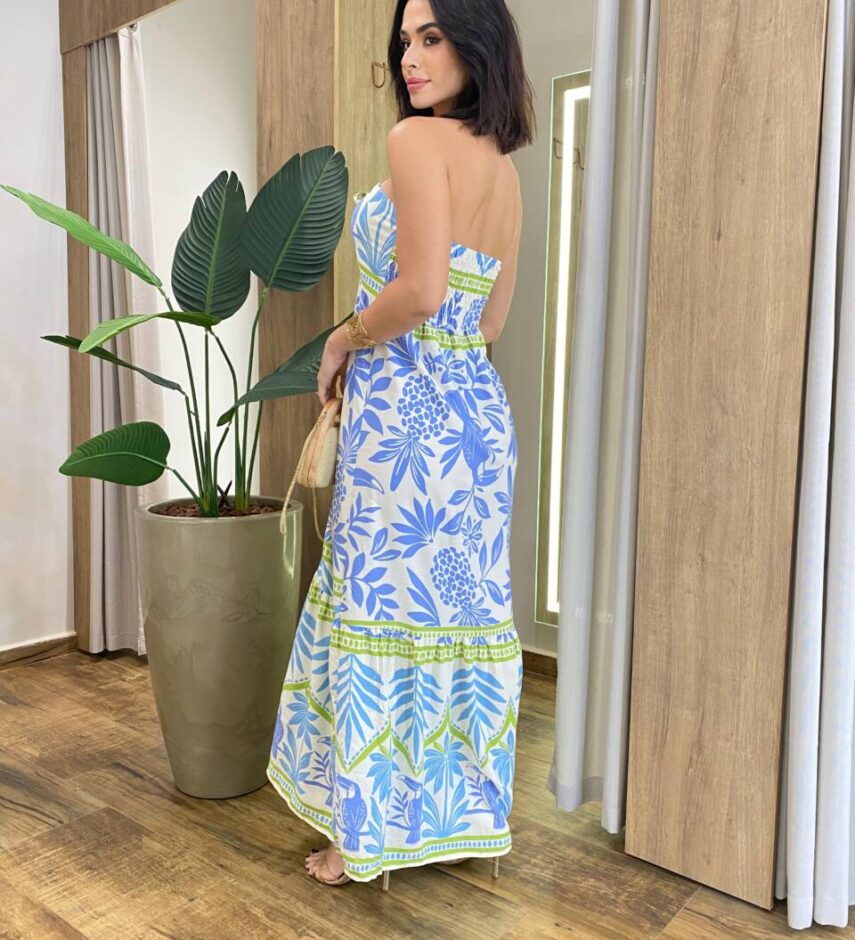 Vestido Longo Mali sem Bojo Amarração no Pescoço Estampado Off White - Fernanda Ramos Store