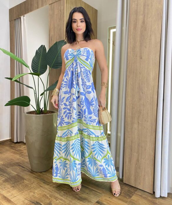 Vestido Longo Mali sem Bojo Amarração no Pescoço Estampado Off White - Fernanda Ramos Store