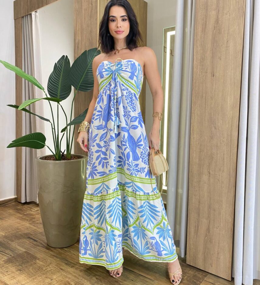 Vestido Longo Mali sem Bojo Amarração no Pescoço Estampado Off White - Fernanda Ramos Store