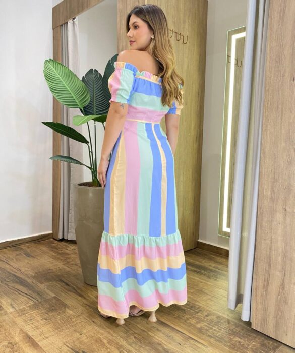 Vestido Longo Manga Curta Eva sem Bojo Zíper nas Costa Colorido - Fernanda Ramos Store