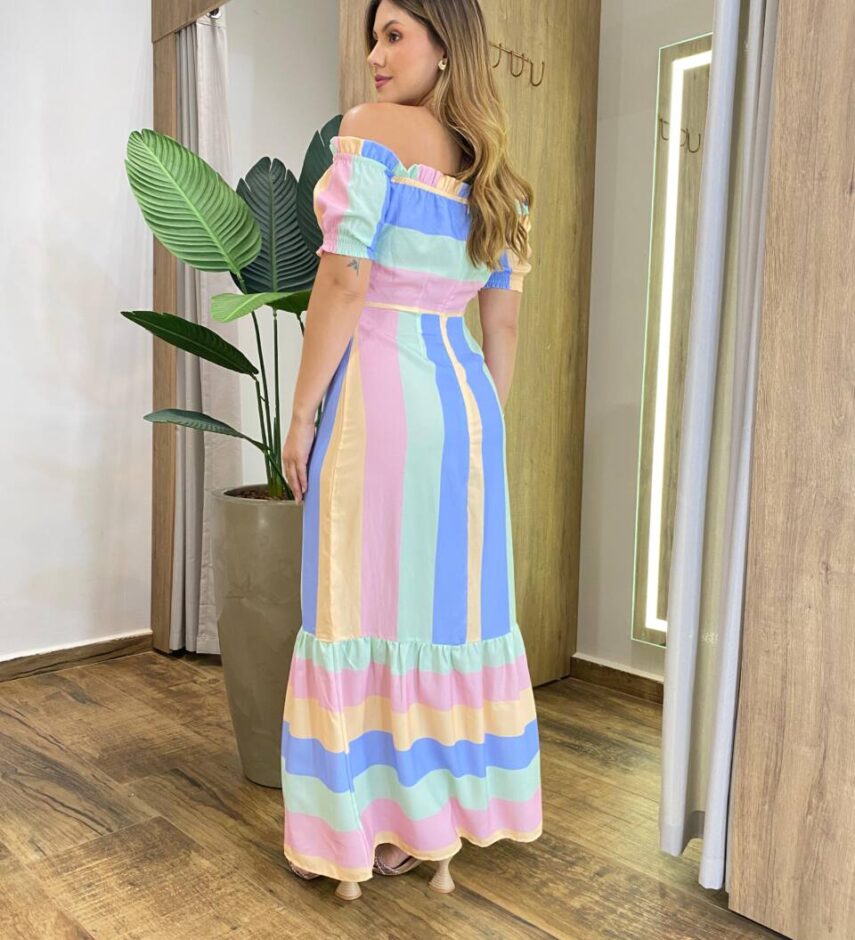 Vestido Longo Manga Curta Eva sem Bojo Zíper nas Costa Colorido - Fernanda Ramos Store
