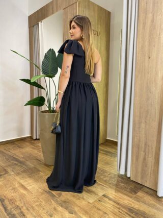 Vestido Longo Manuela sem Bojo Nula Manga Zíper e Detalhe Laço Preto - Fernanda Ramos Store