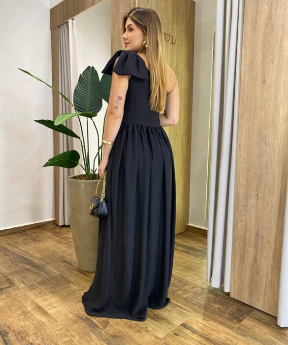 Vestido Longo Manuela sem Bojo Nula Manga Zíper e Detalhe Laço Preto - Fernanda Ramos Store