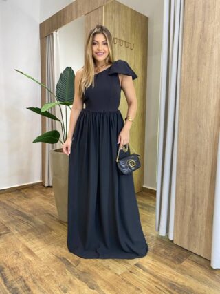 Vestido Longo Manuela sem Bojo Nula Manga Zíper e Detalhe Laço Preto - Fernanda Ramos Store