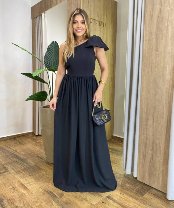 Vestido Longo Manuela sem Bojo Nula Manga Zíper e Detalhe Laço Preto - Fernanda Ramos Store