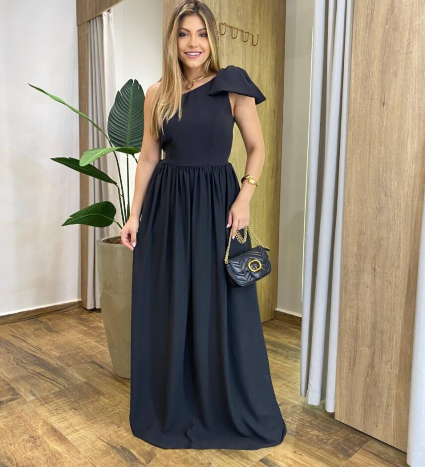 Vestido Longo Manuela sem Bojo Nula Manga Zíper e Detalhe Laço Preto - Fernanda Ramos Store