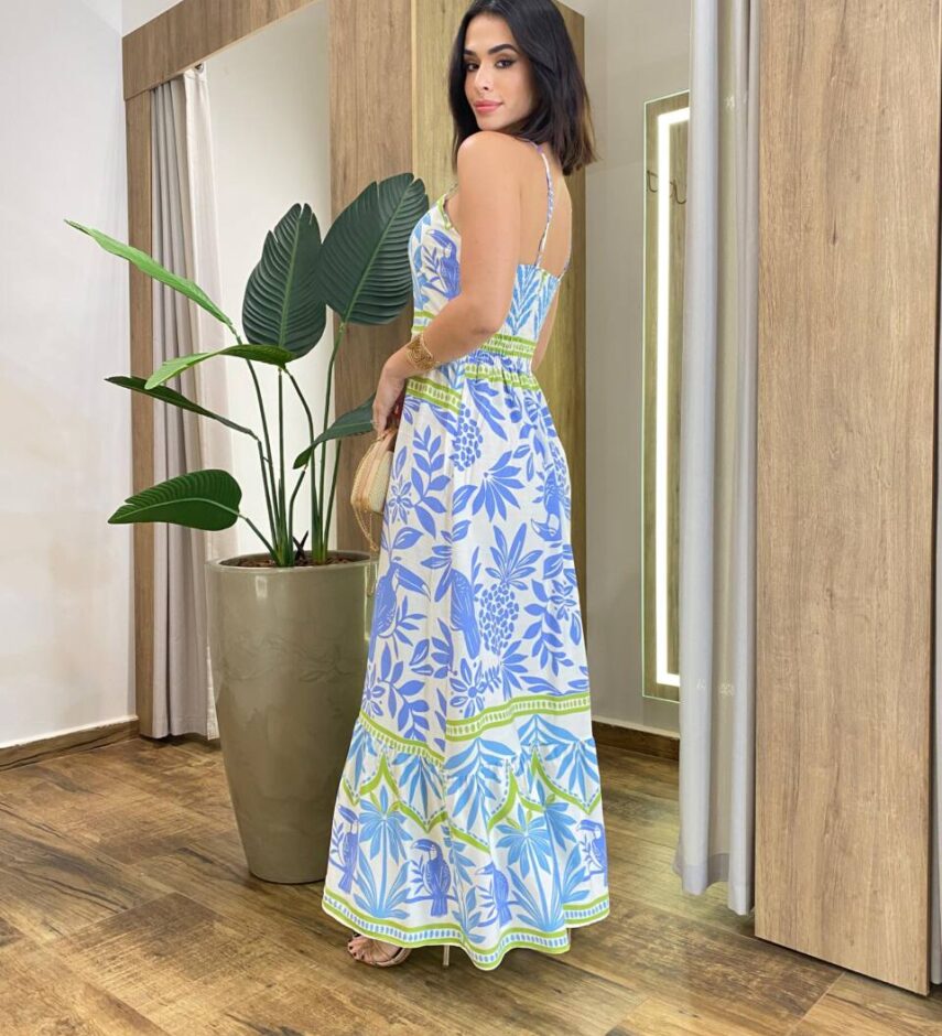 Vestido Longo sem Bojo Lastex nas Costas e Alça Regulável Estampado - Fernanda Ramos Store