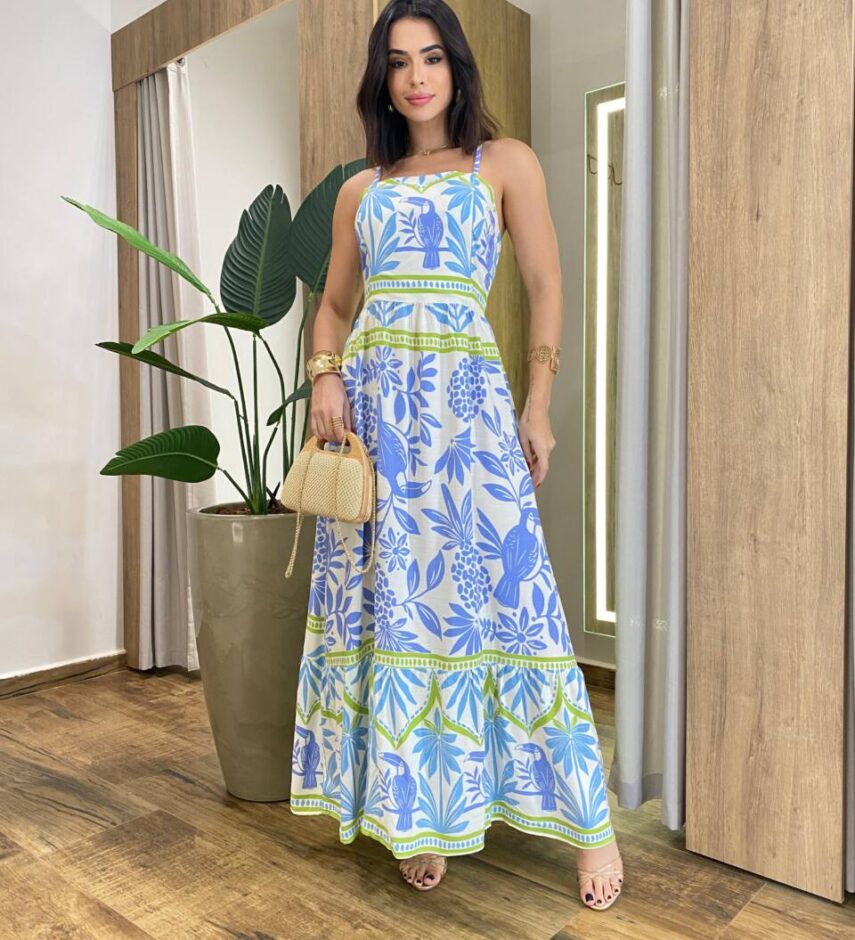 Vestido Longo sem Bojo Lastex nas Costas e Alça Regulável Estampado - Fernanda Ramos Store