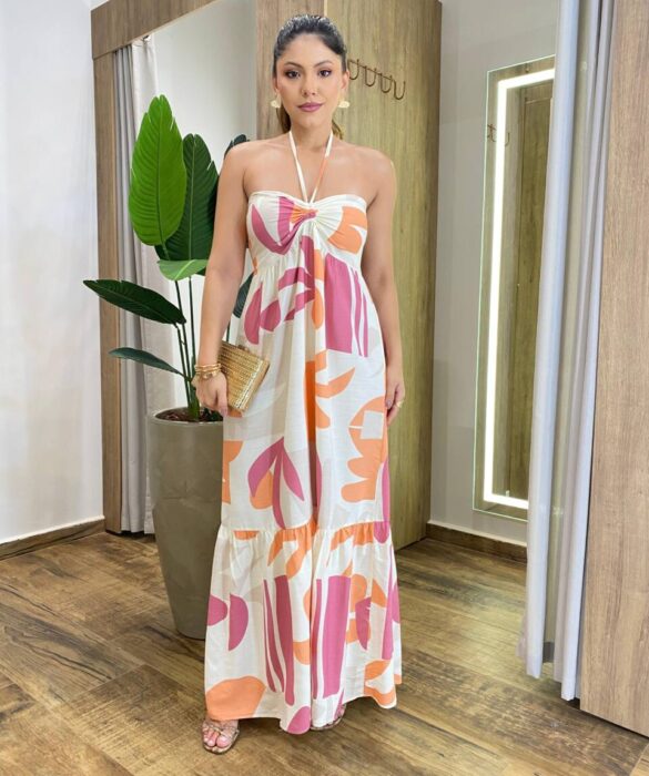 Vestido Longo Susan sem Bojo e Amarração no Pescoço Areia Estampado - Fernanda Ramos Store