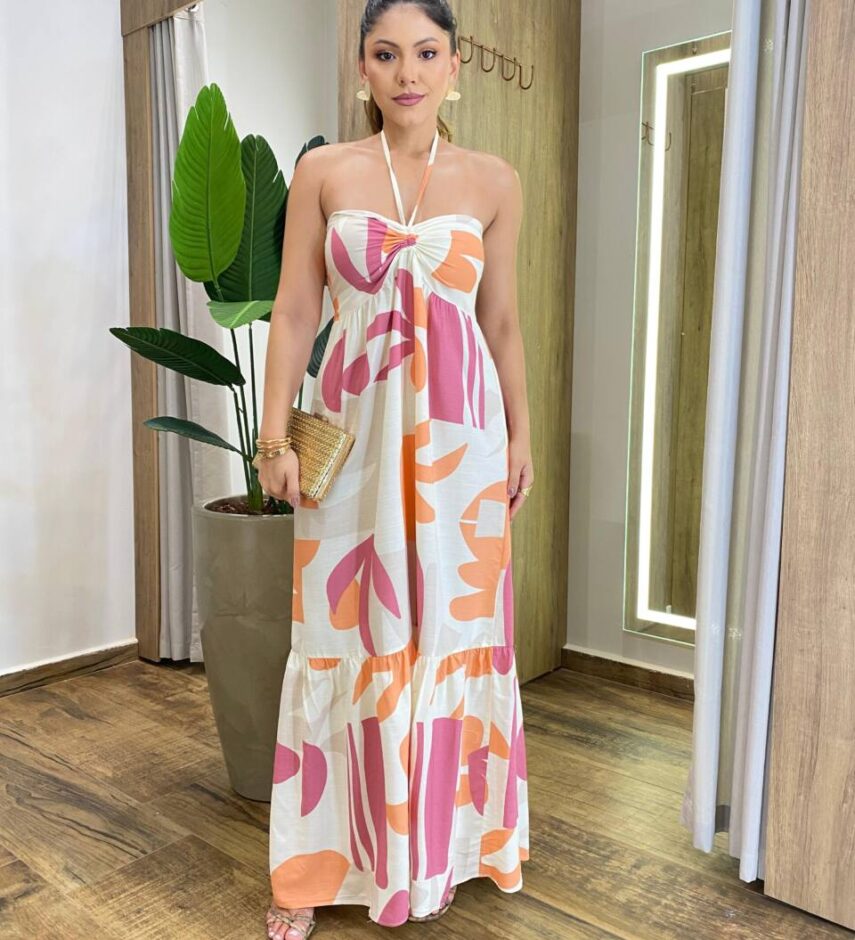 Vestido Longo Susan sem Bojo e Amarração no Pescoço Areia Estampado - Fernanda Ramos Store