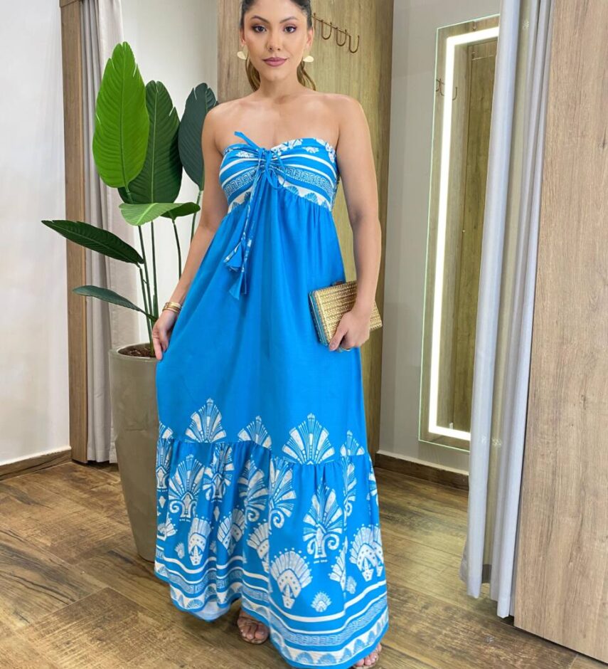 Vestido Longo Susan sem Bojo e Amarração no Pescoço Estampado Azul - Fernanda Ramos Store