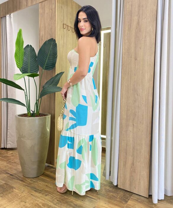 Vestido Longo Thais sem Bojo Nula Manga com Lastex Estampado - Fernanda Ramos Store