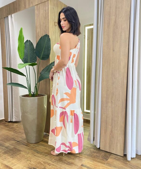 Vestido Longo Thais sem Bojo Nula Manga com Lastex Estampado Areia - Fernanda Ramos Store