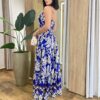 Vestido Longo Vivian com Bojo Lastex nas Costas Estampa Tropical Azul - Fernanda Ramos Store