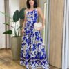 Vestido Longo Vivian com Bojo Lastex nas Costas Estampa Tropical Azul - Fernanda Ramos Store