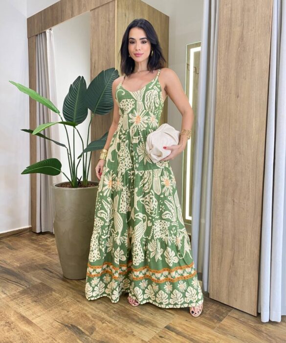 Vestido Longo Vivian com Bojo Lastex nas Costas Estampa Tropical Verde - Fernanda Ramos Store