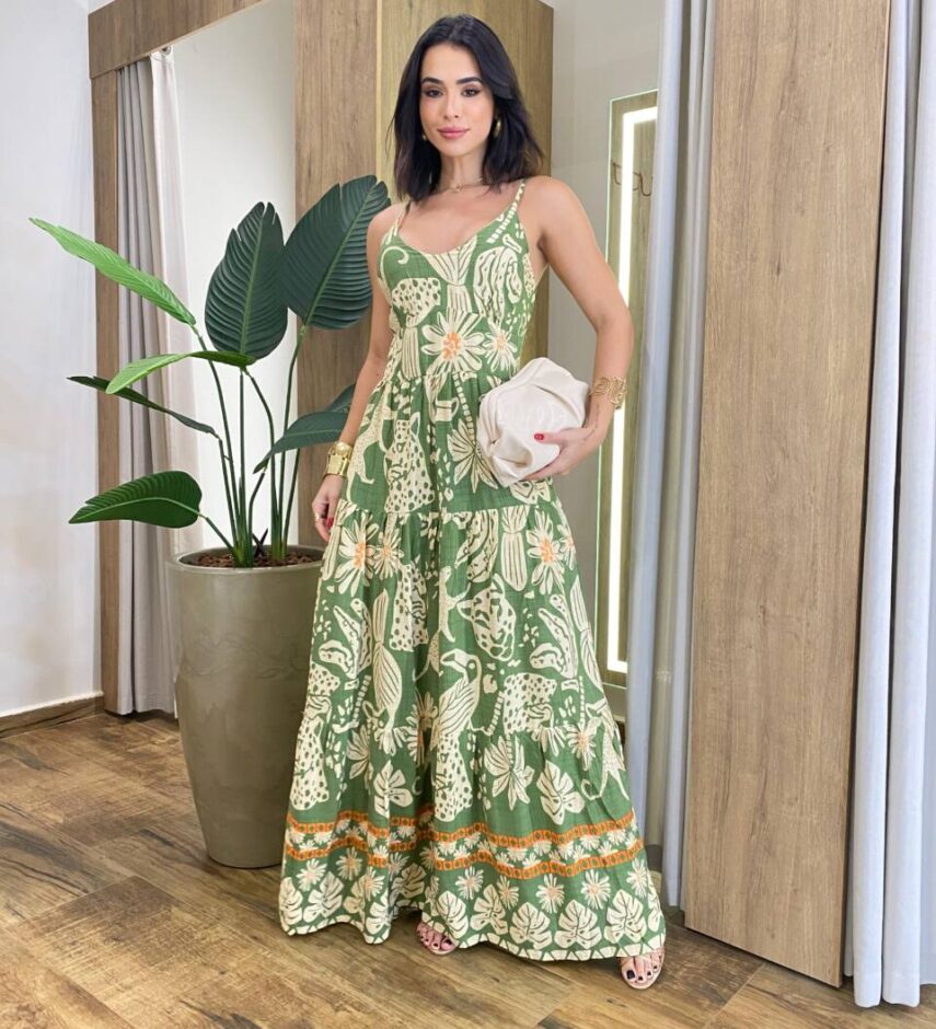 Vestido Longo Vivian com Bojo Lastex nas Costas Estampa Tropical Verde - Fernanda Ramos Store